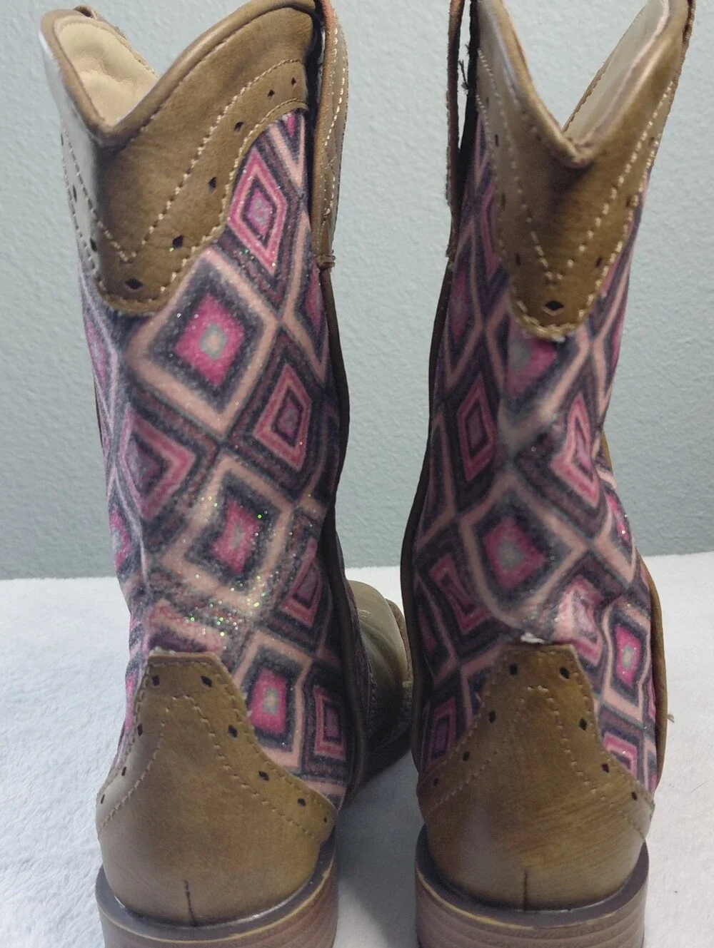 Roper Patterned Glitter Pink and Brown Western Cowboy Boots Girls Sz 12